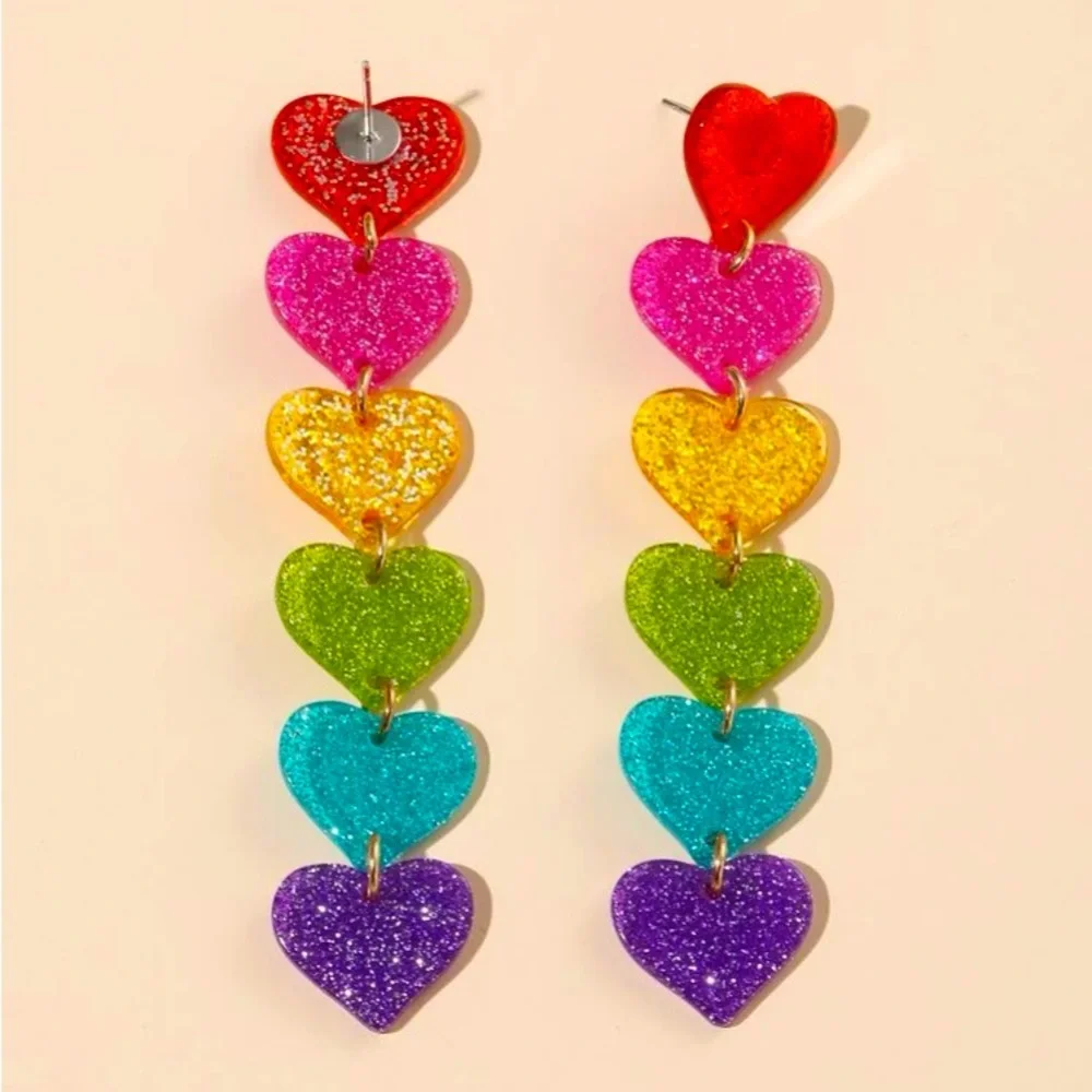 Vibrant❤️🌈Valentine Fun Rainbow Heart Linear Lightweight Statement Earrings - Picture 3 of 7